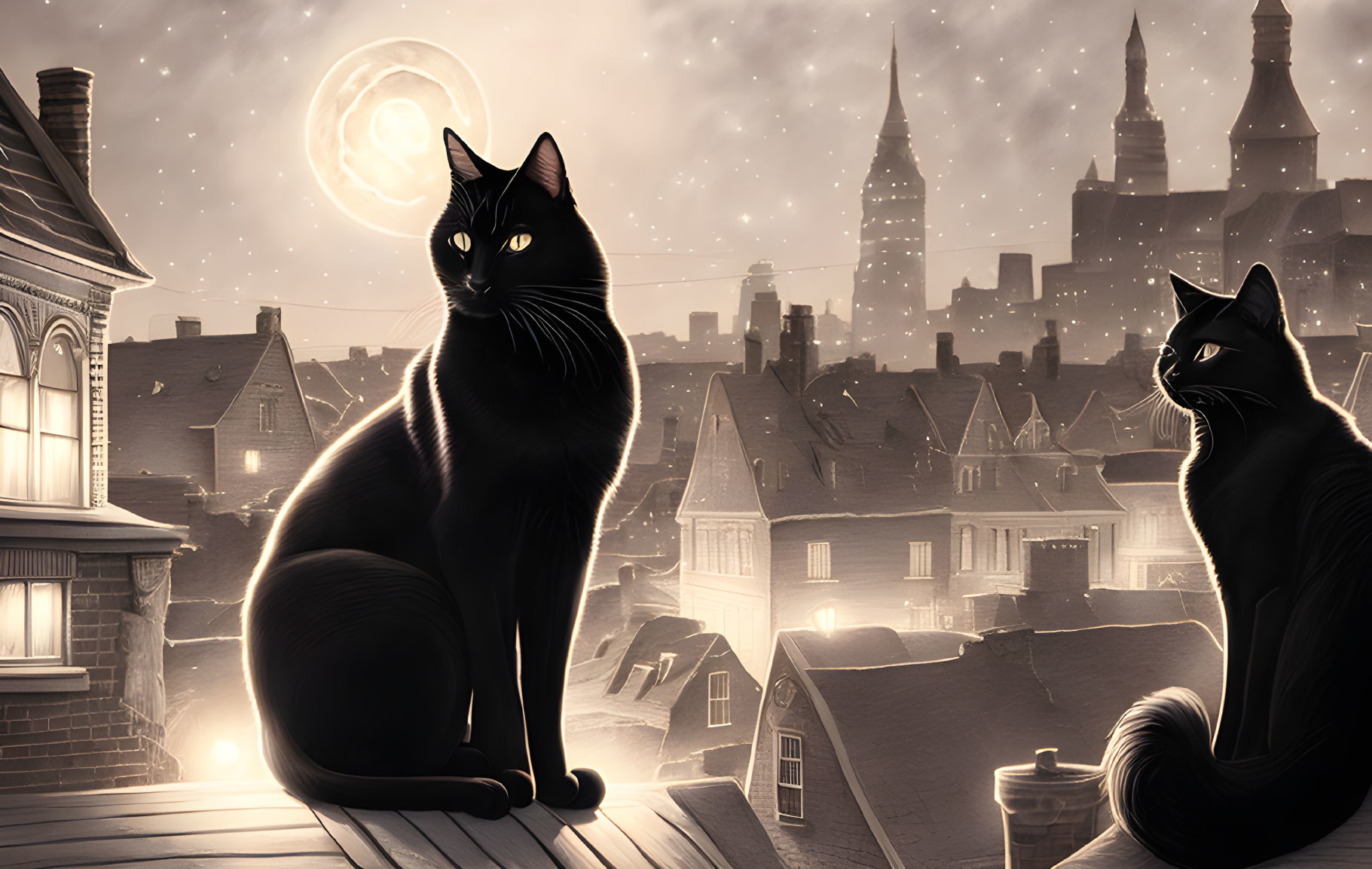 Two black cats on rooftop under full moon & city skyline