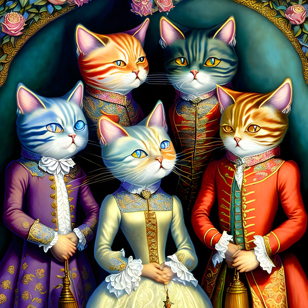 Detailed illustration of four anthropomorphic cats in ornate royal attire