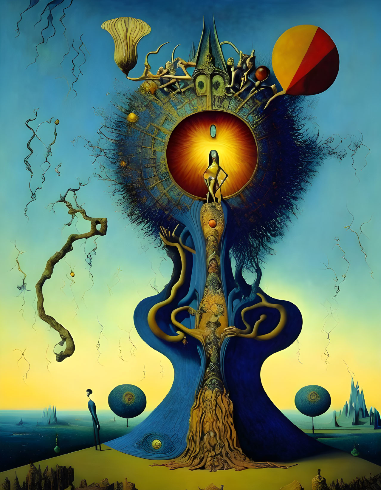 Vibrant surrealistic painting with eye tree and floating orbs