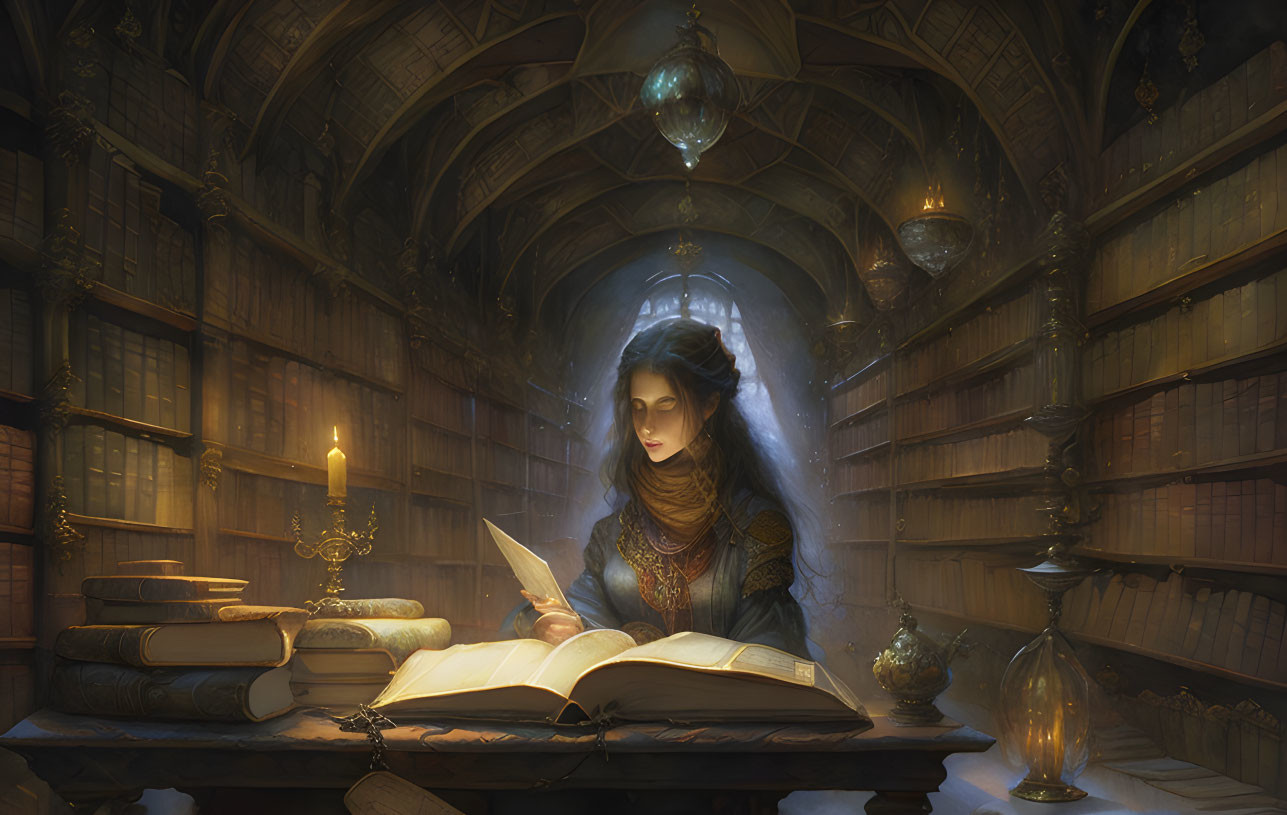 Woman reading book in ancient library with candles and glowing orbs