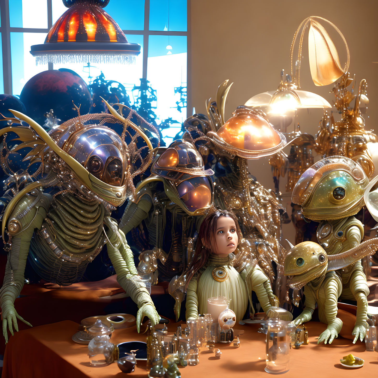 Young Girl with Three Alien Creatures at Festive Table & Tree