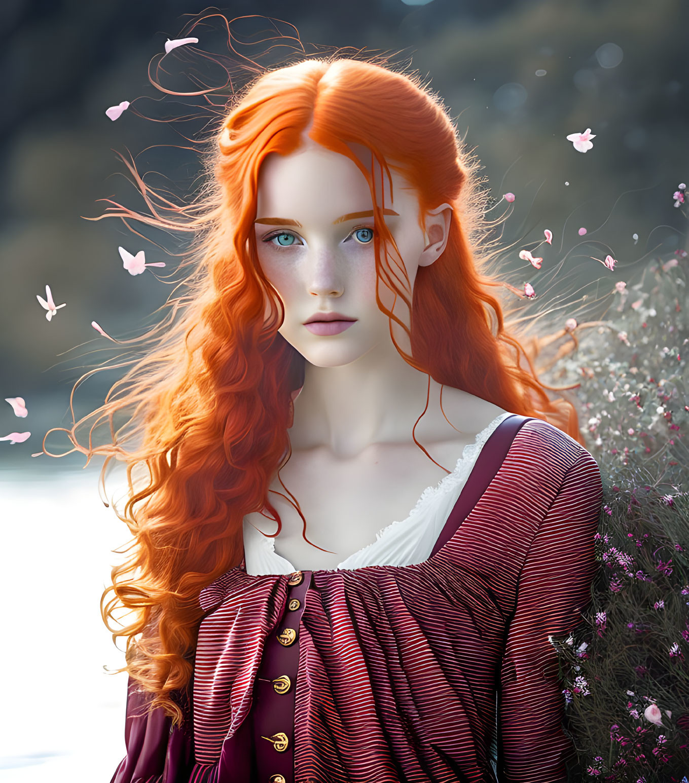 Digital illustration: Woman with red hair and blue eyes among butterflies and flowers