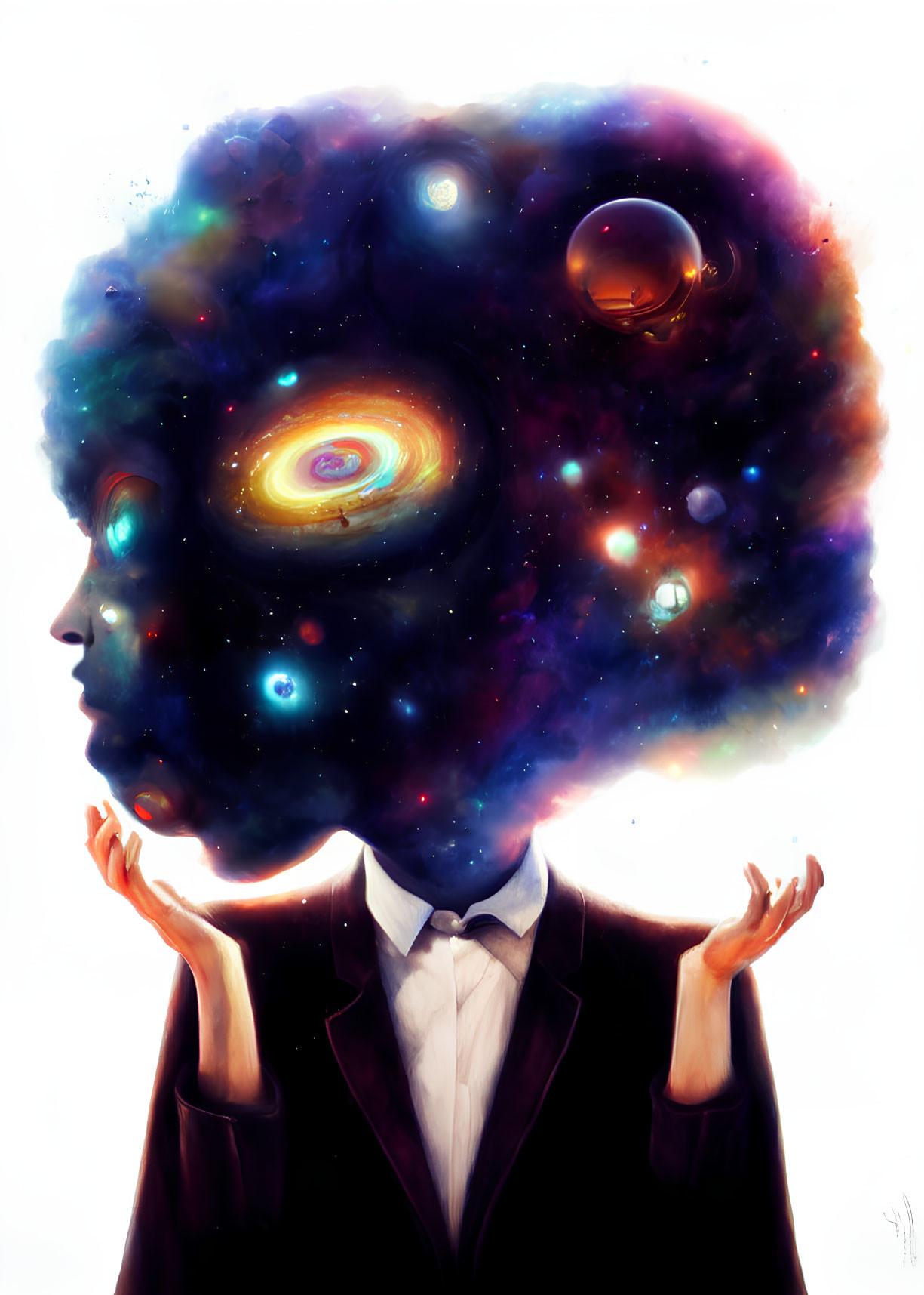 Galaxy-filled head in cosmic representation with raised hands in black suit