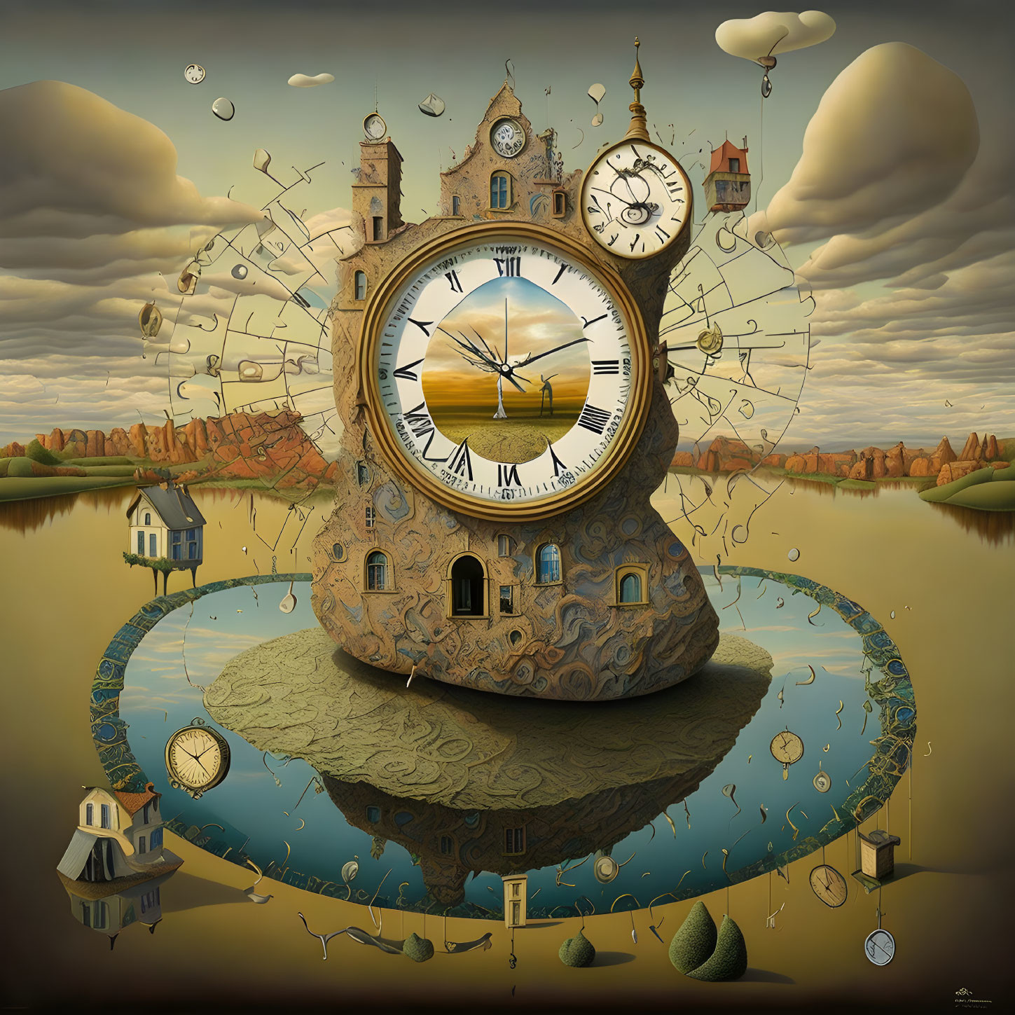 Surreal painting: Clock tower, floating clocks, reflective water & dreamlike landscape