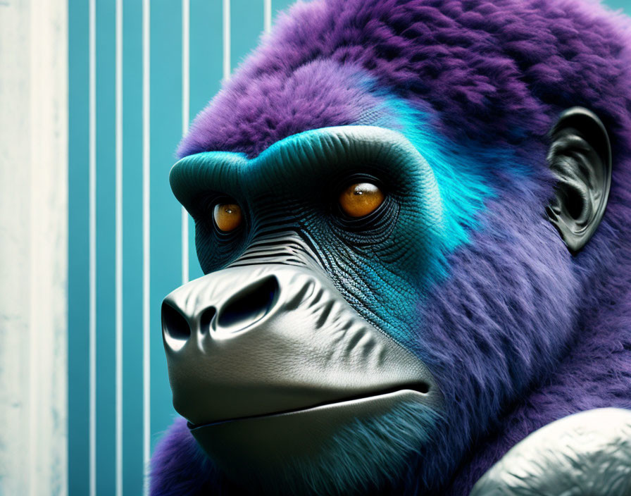 Colorful stylized gorilla with purple and blue fur on striped background