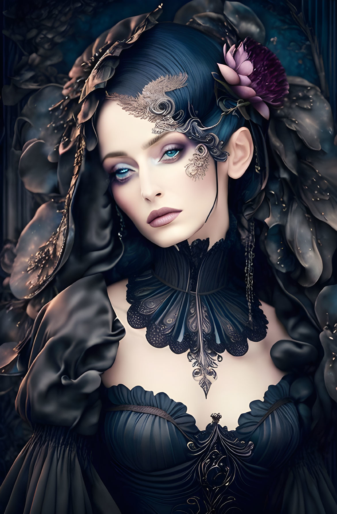 Digital artwork featuring woman with blue eyes and ornate headdress