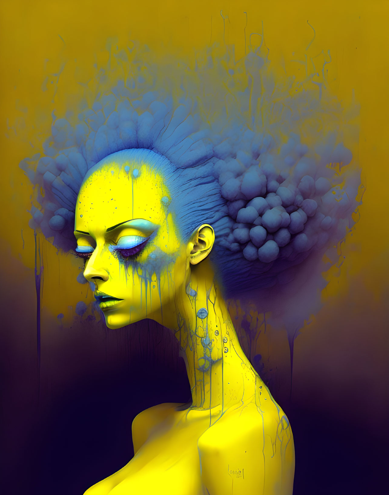 Yellow-skinned woman with blue bubble texture on head against yellow background with paint drips