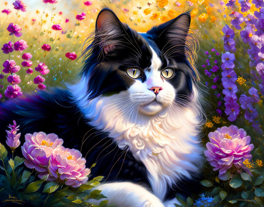 Detailed Black and White Cat Among Colorful Flowers Illustration