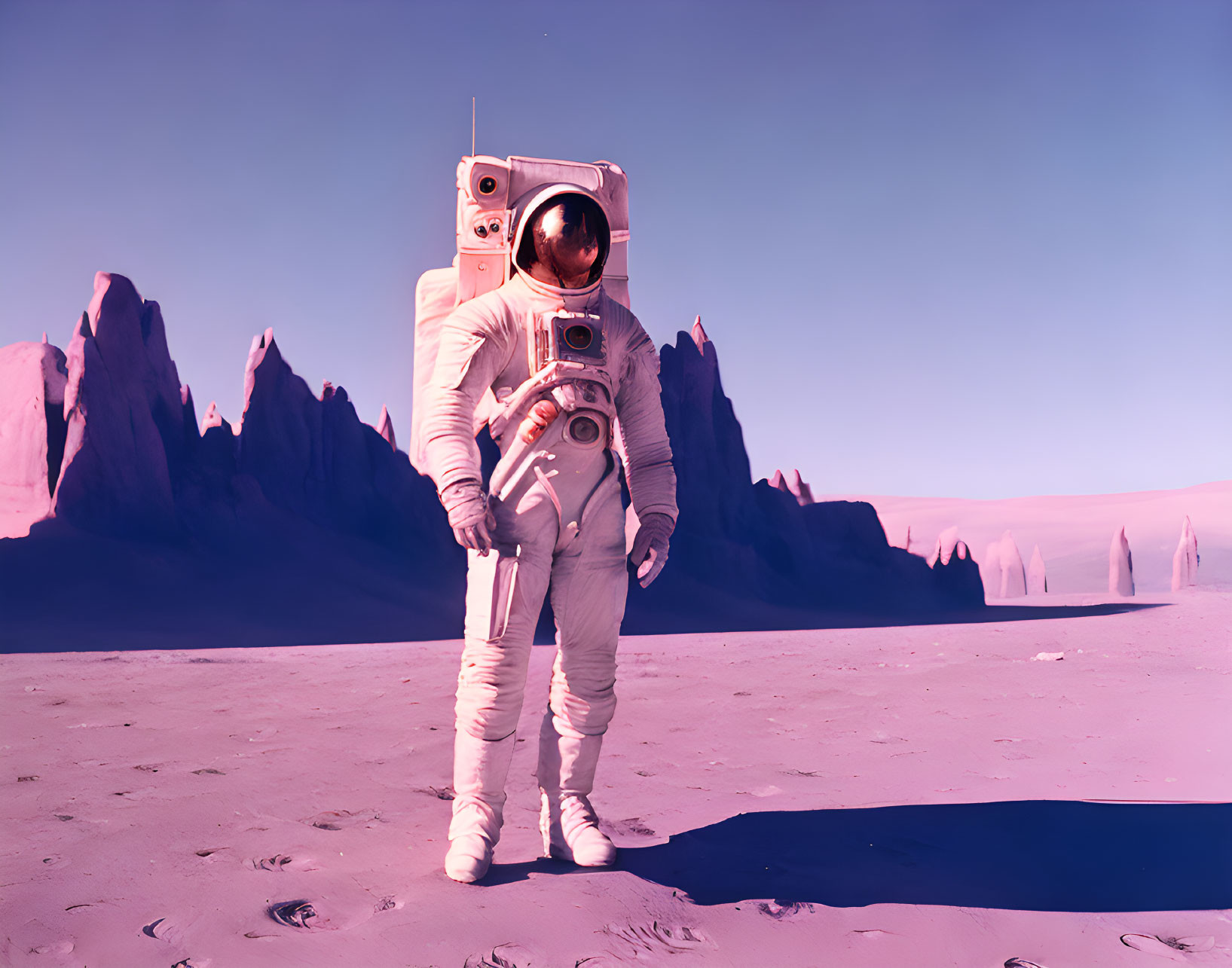 Astronaut on Purple Alien Landscape with Rock Formations