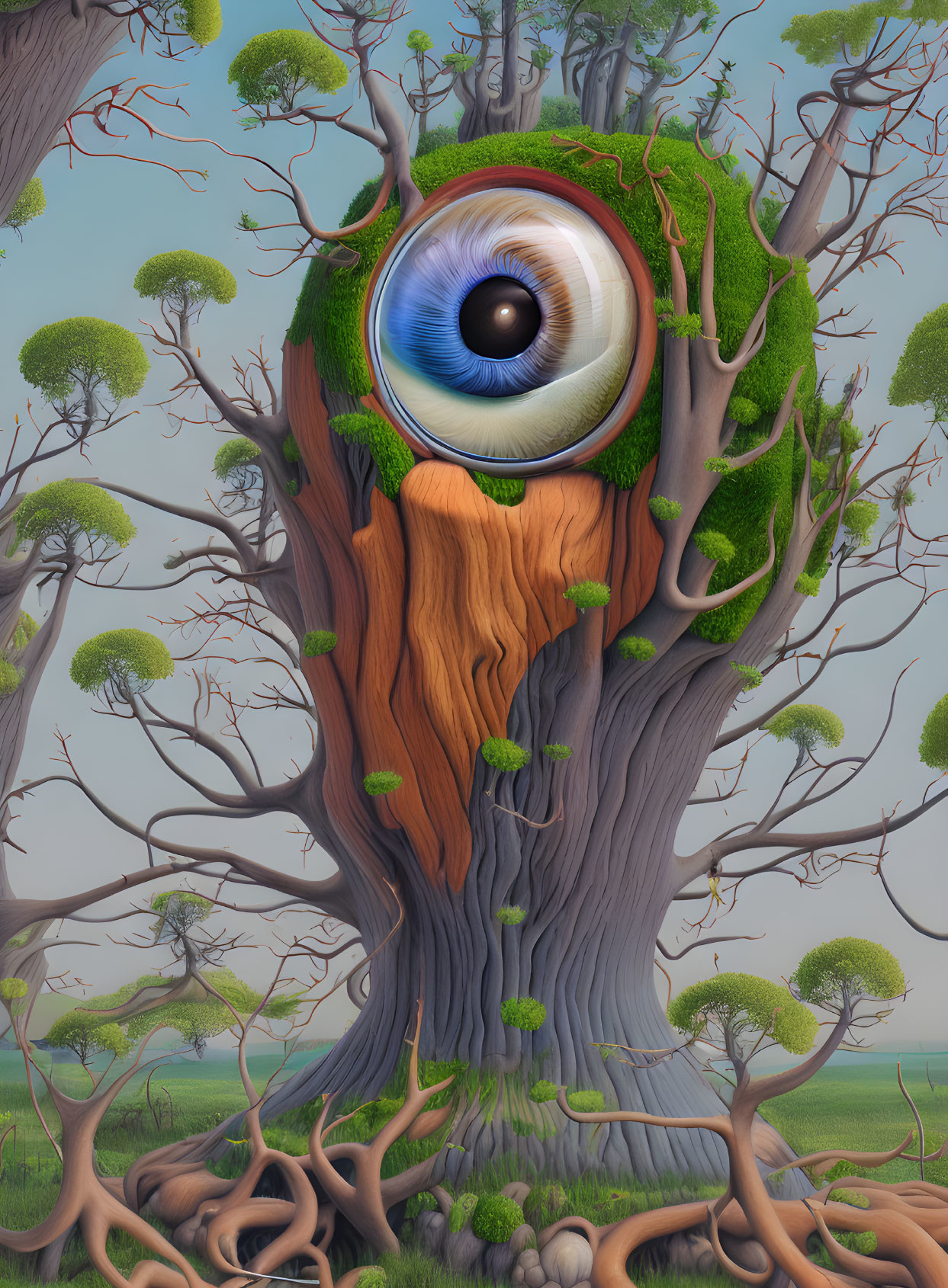 Surreal image: Large tree with integrated eye in forest landscape