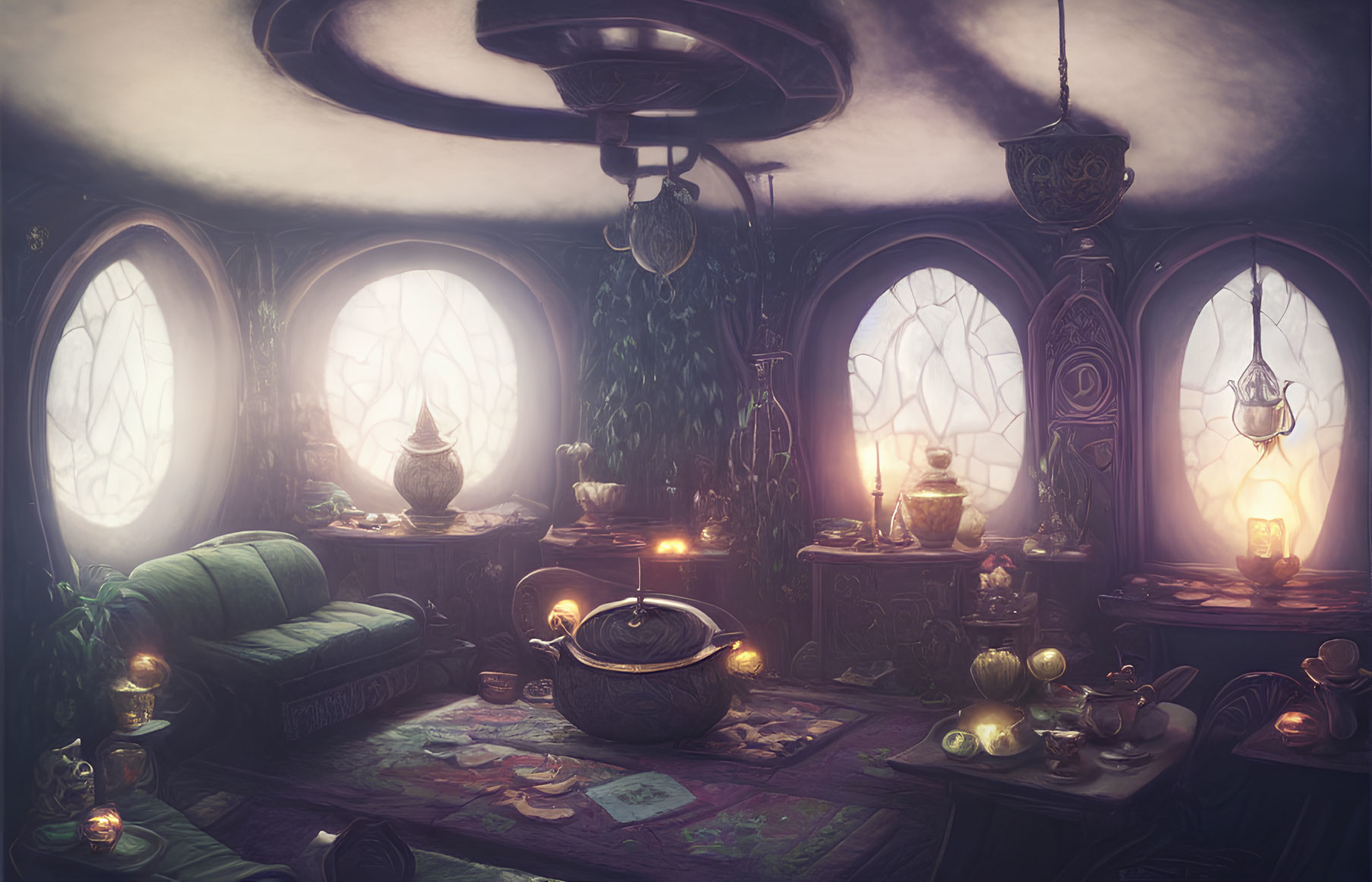 Mystical room with arched windows, greenery, cauldron, potion bottles