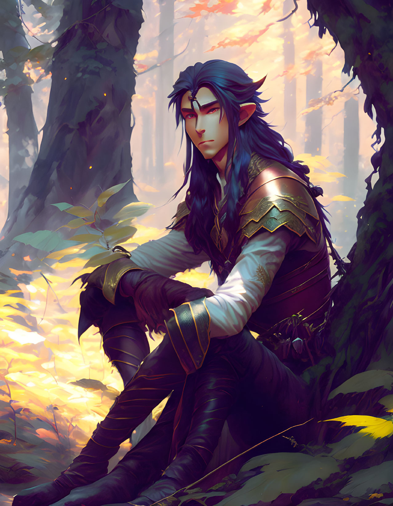 Dark-haired elf in detailed armor sits in enchanted forest