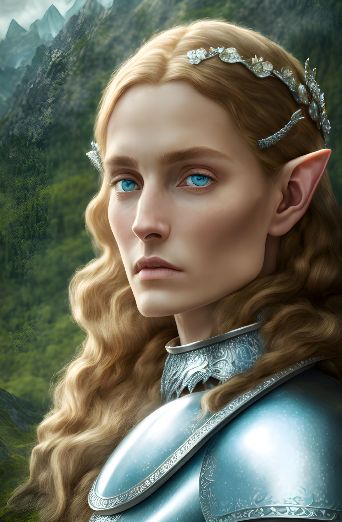 Elf portrait with blue eyes, long hair, diadem, and armor against mountain backdrop