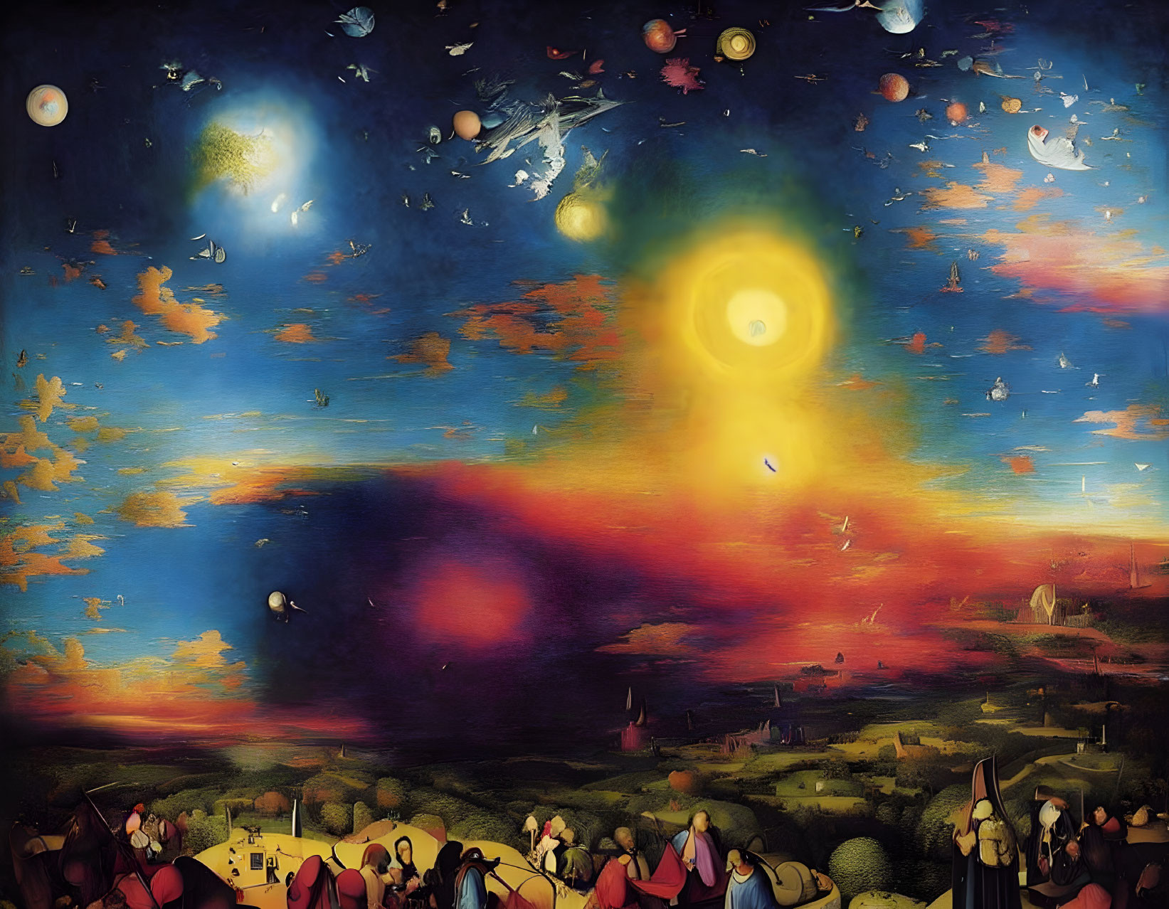 Vibrant surreal artwork: night sky with celestial phenomena and figures in awe