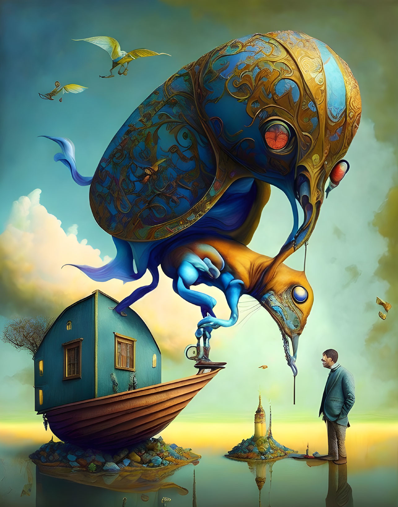 Surreal artwork: Giant snail above boat house with man and clock tower island