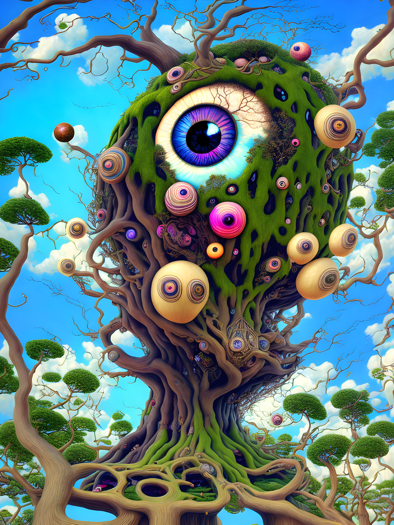 Colorful surreal tree with eye and swirls in blue sky landscape