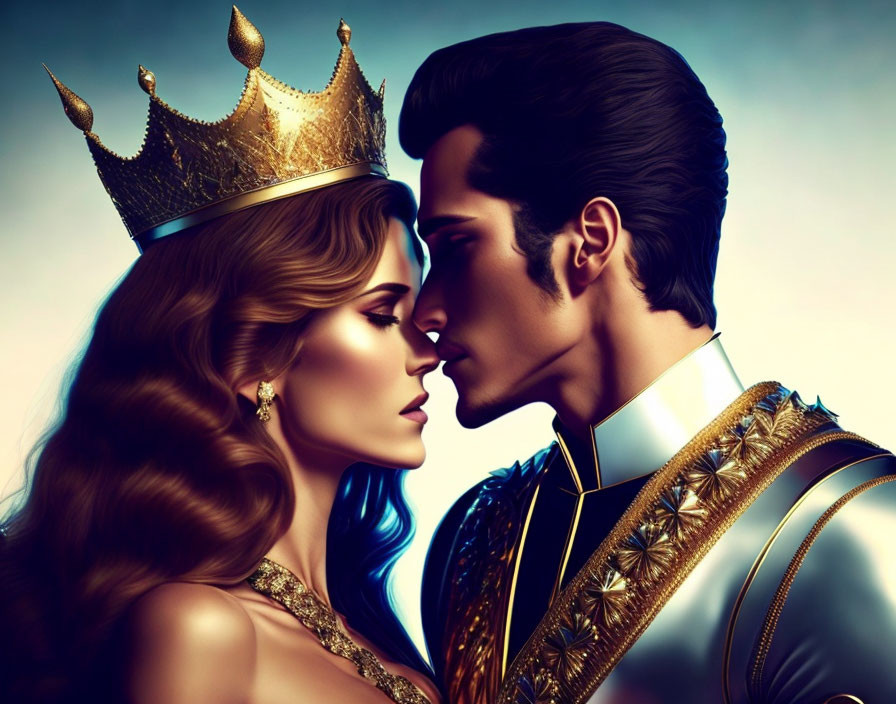 Regal king and queen in profile, heads touching, wearing crowns