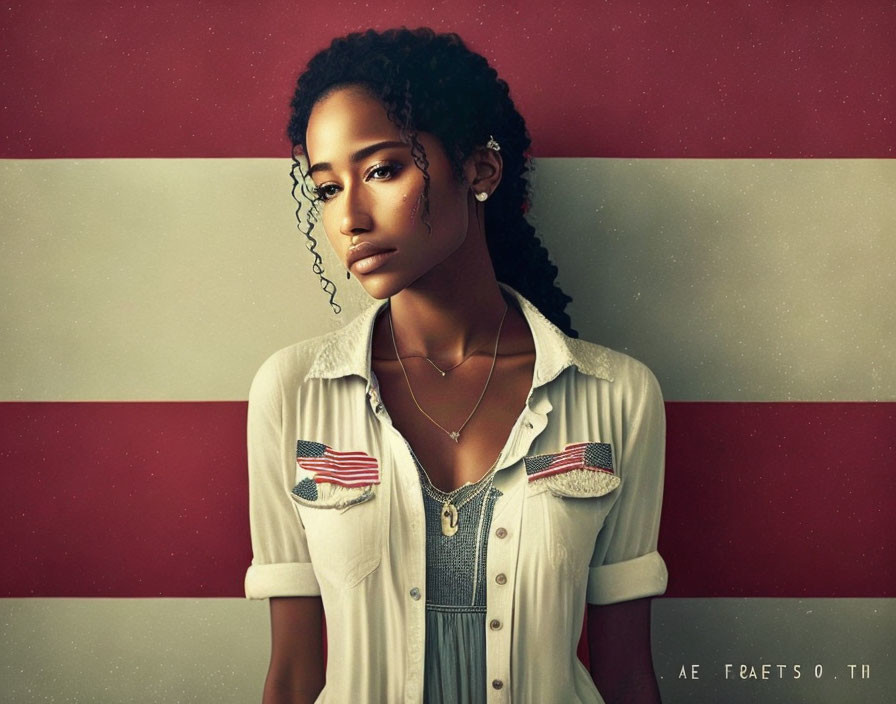 Curly-haired woman in front of faded American flag backdrop wearing white shirt with flag patches