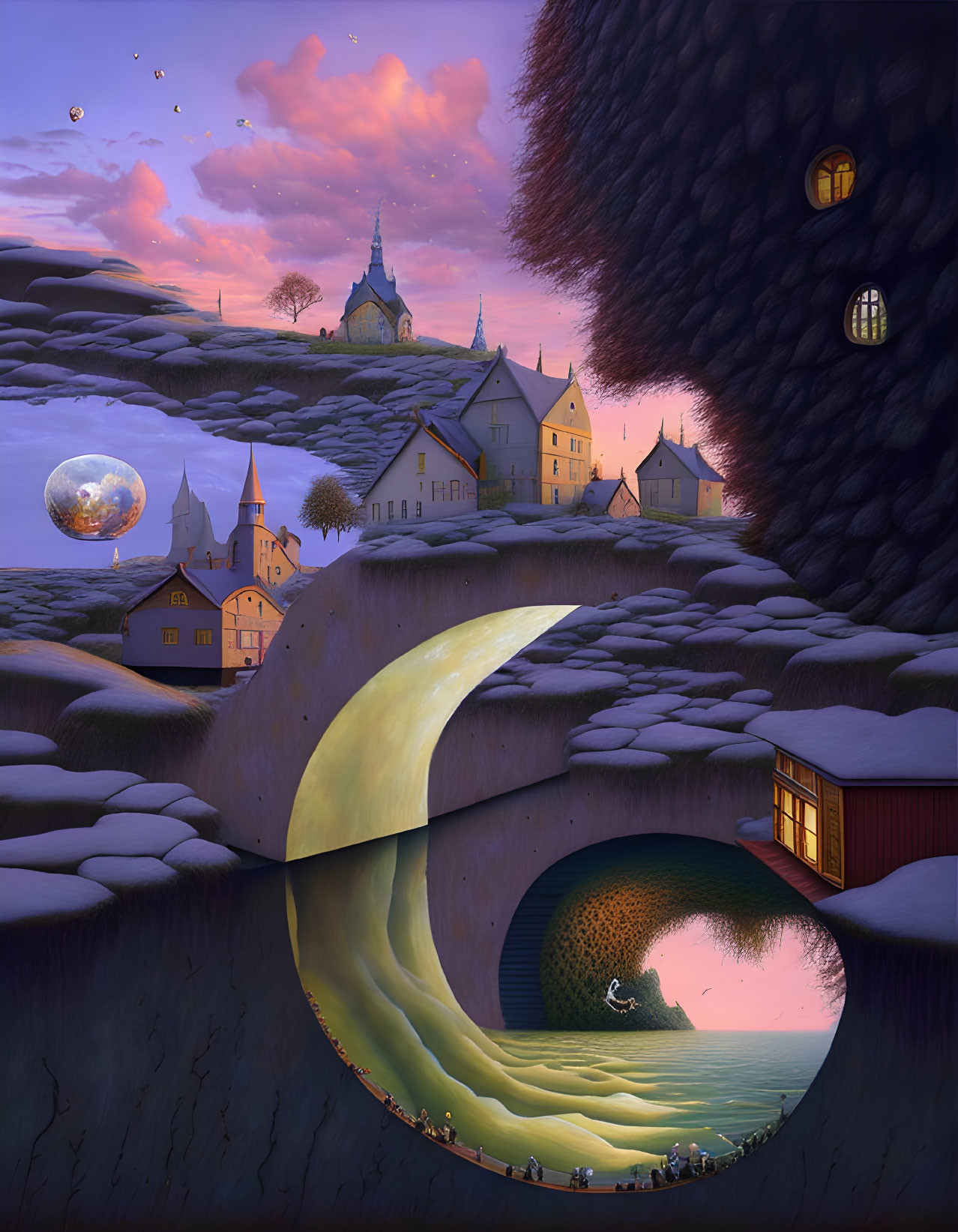 Village landscape with moonlit path, ocean view room, and floating spheres