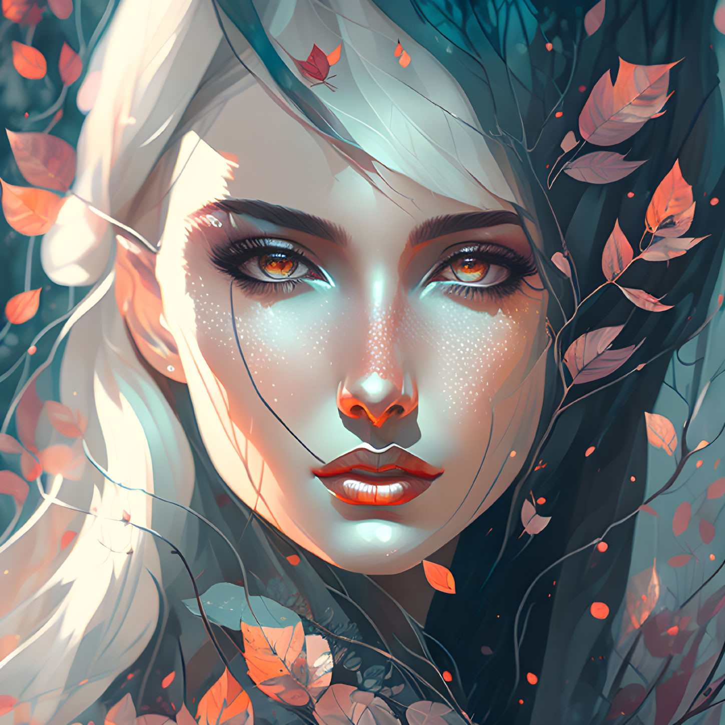 Digital portrait of woman with pale skin, red lips, freckles, and leaves background