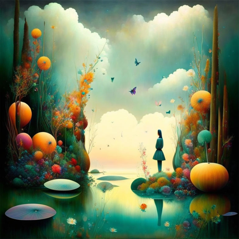 Surreal landscape with girl, serene lake, vibrant flora, floating shapes