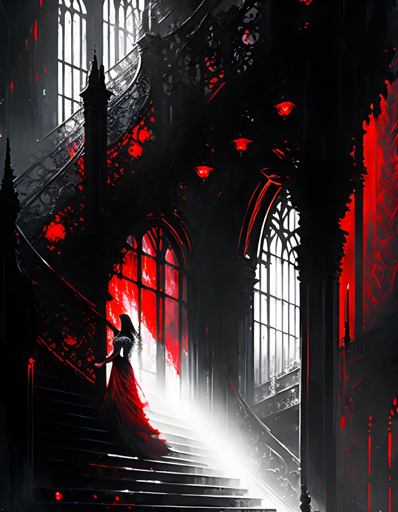 Person in Red Cloak Climbs Dramatic Gothic Staircase