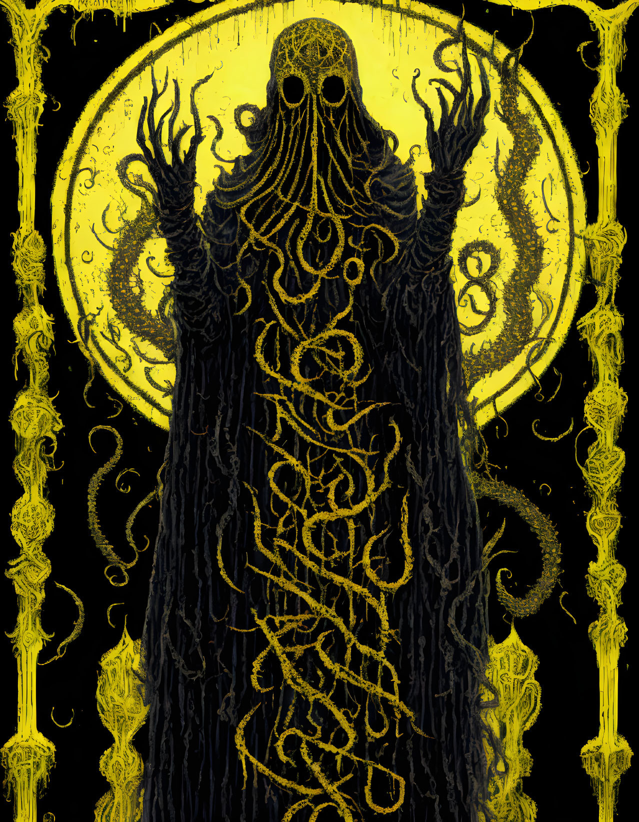 Skull-faced figure with tentacles on yellow moon and ornate designs