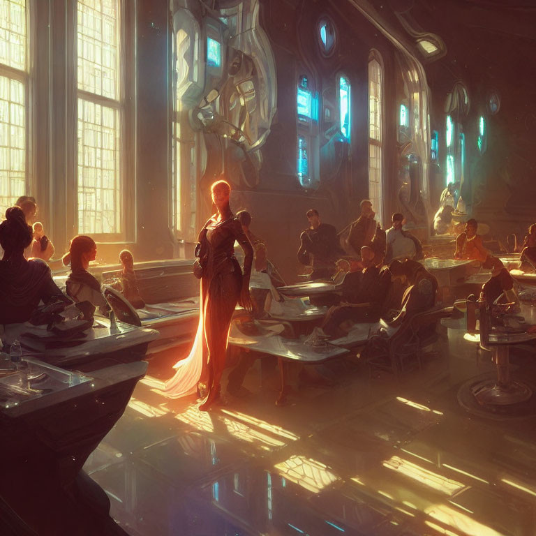 Sophisticated individuals in futuristic sunlit room