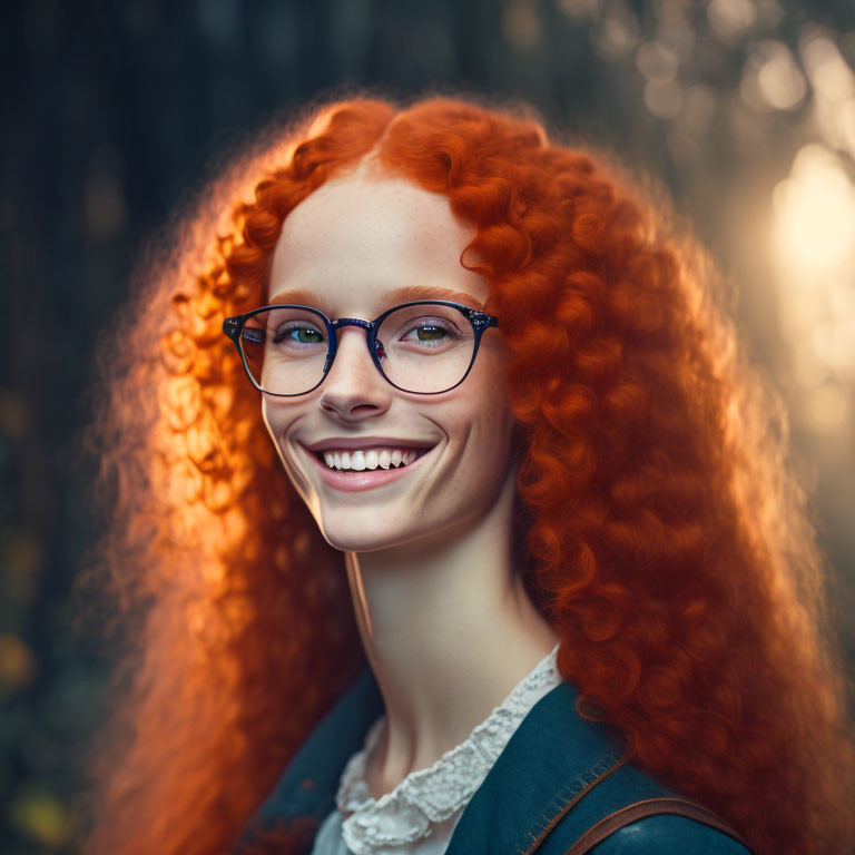 Vibrant woman with red curly hair and blue glasses in forest setting