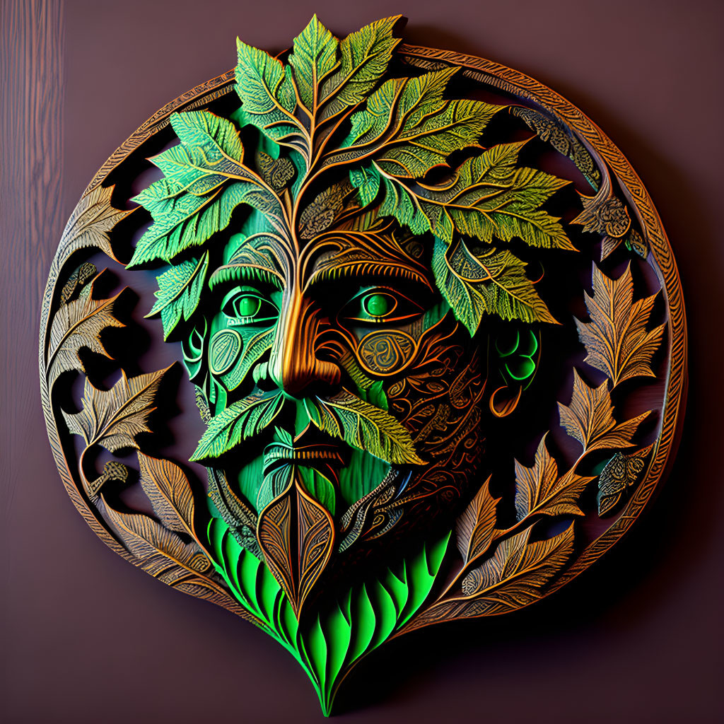 Circular Wooden Plaque: Man's Face with Leaf Patterns in Green, Gold & Brown