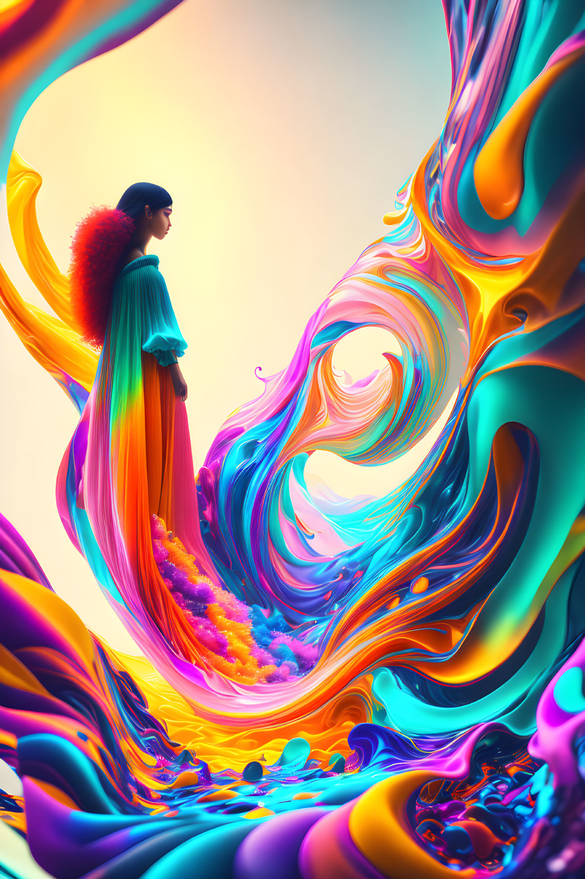 Vibrant surreal image: person in flowing, liquid-like landscape