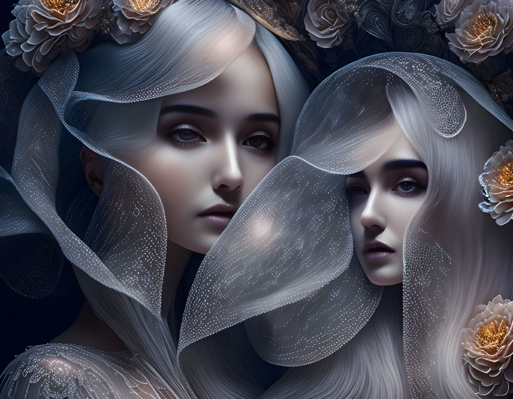 Ethereal digital artwork features two women with pale skin and white hair