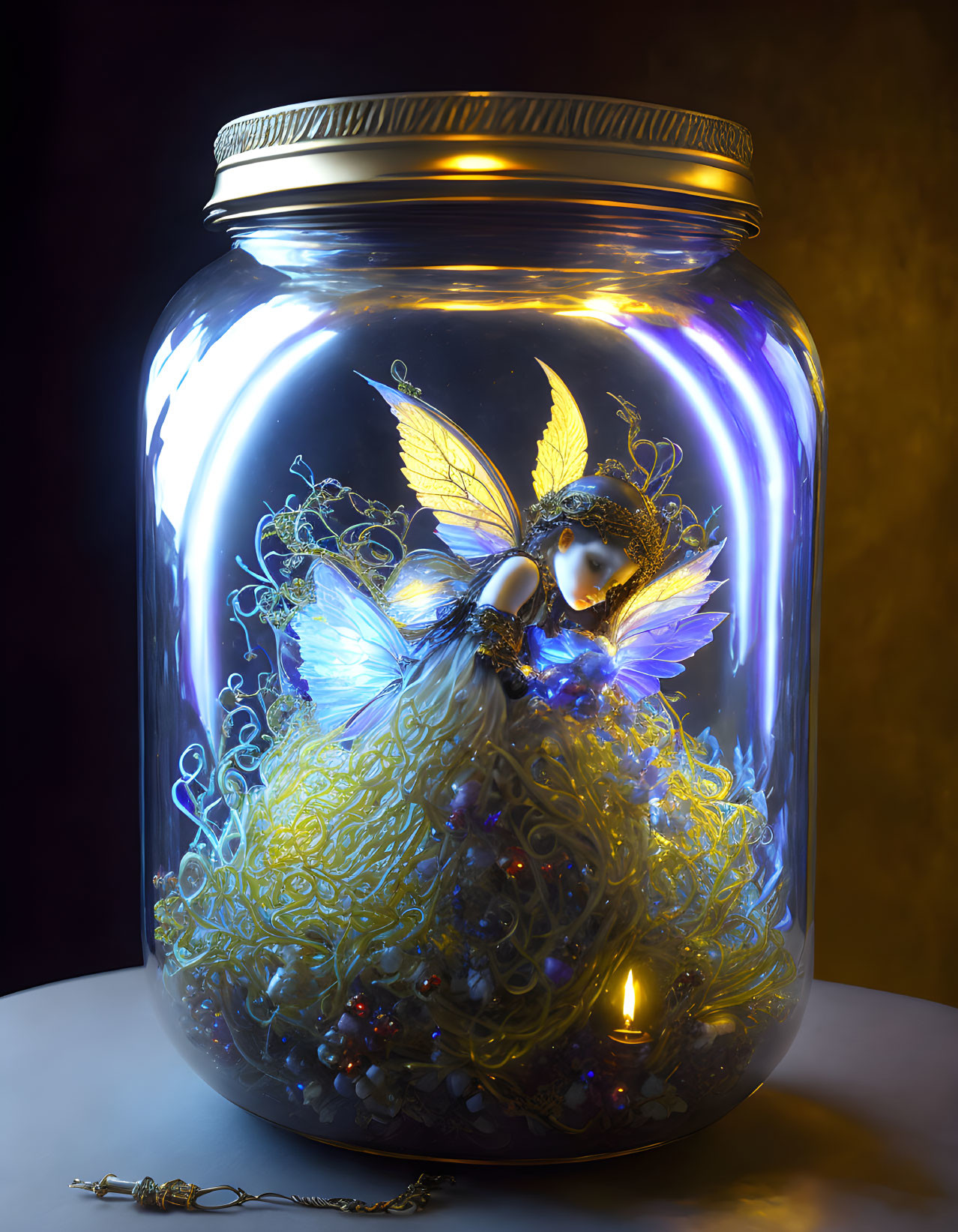 Fantastical glowing creature with wings in sealed jar against dark background