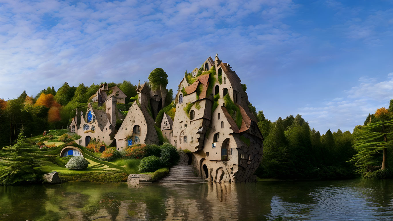 Castle with Multiple Peaks Surrounded by Autumn Trees and Lake