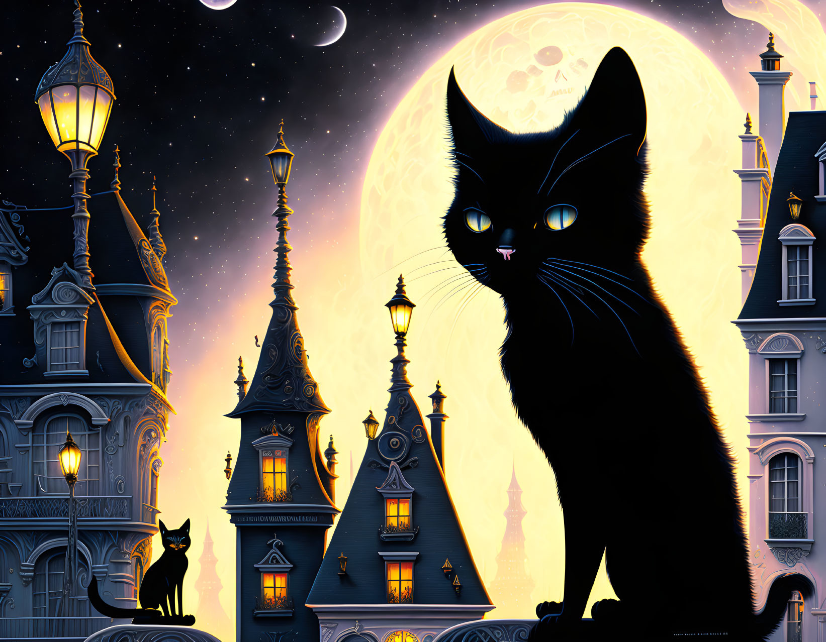 Stylized illustration of two black cats under full moon