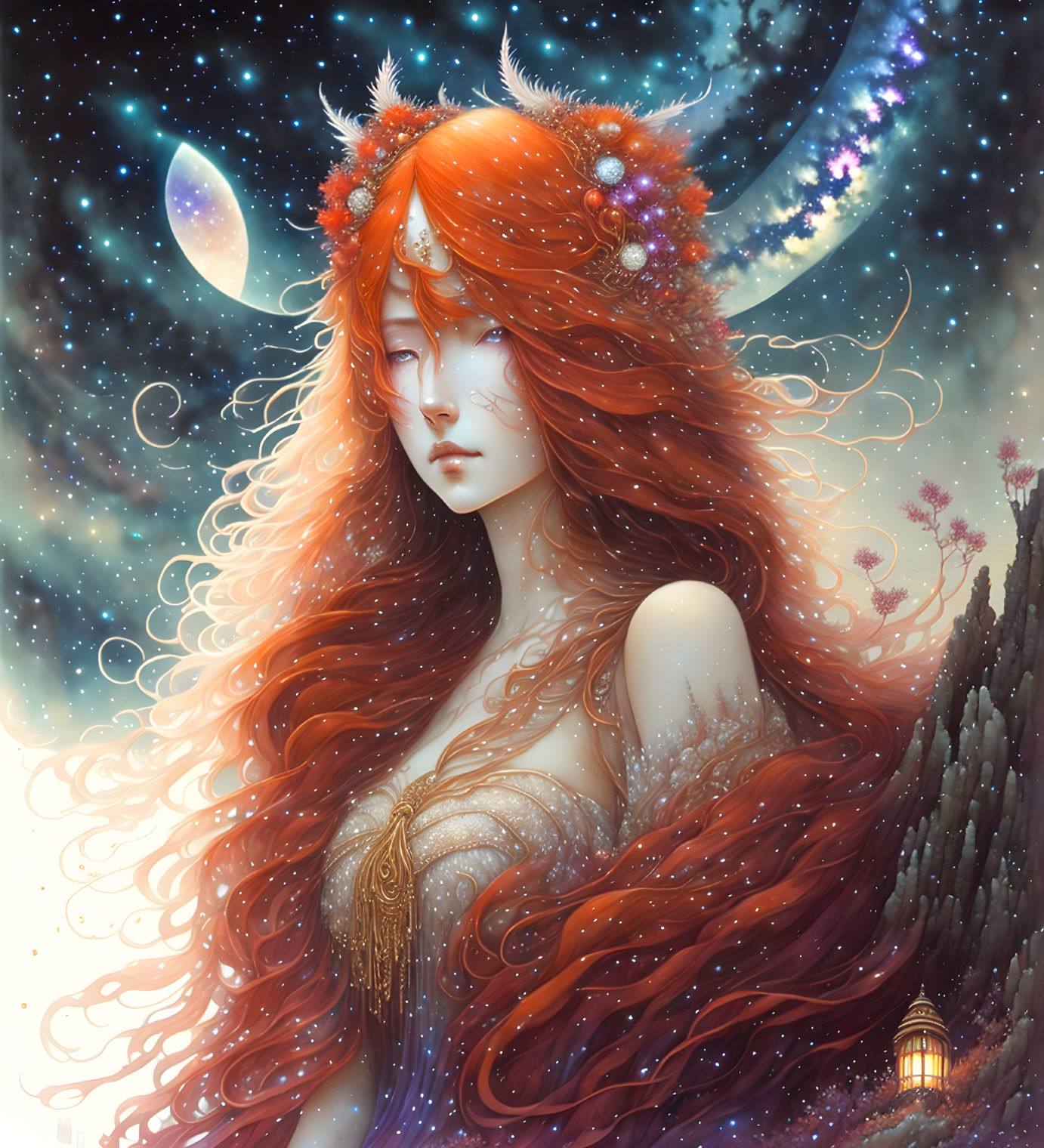 Mystical woman with red hair and flower crown in celestial setting