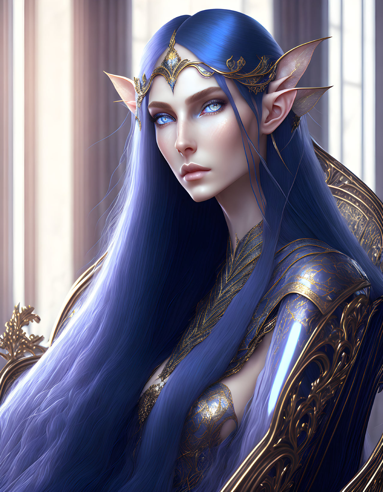 Ethereal female elf with blue hair in golden tiara and armor