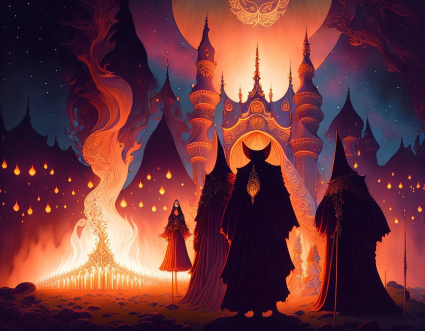 Cloaked Figures in Front of Fiery Castle and Swirling Skies