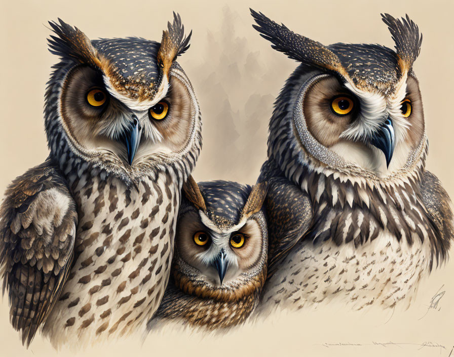 Realistic illustrated owls with detailed feathers on beige background