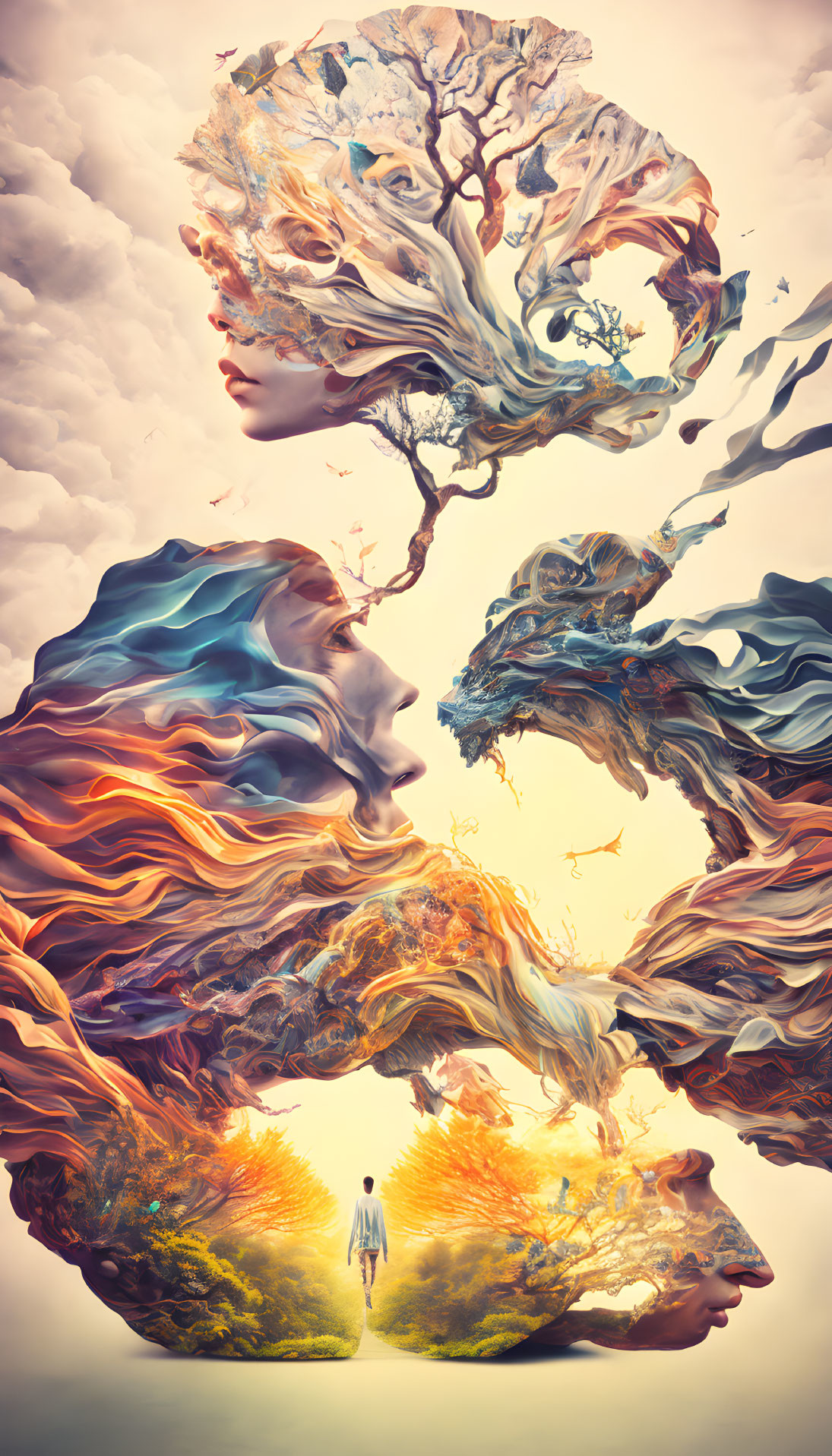 Surreal Nature-Inspired Image with Faces, Human Figure, and Dreamy Sky