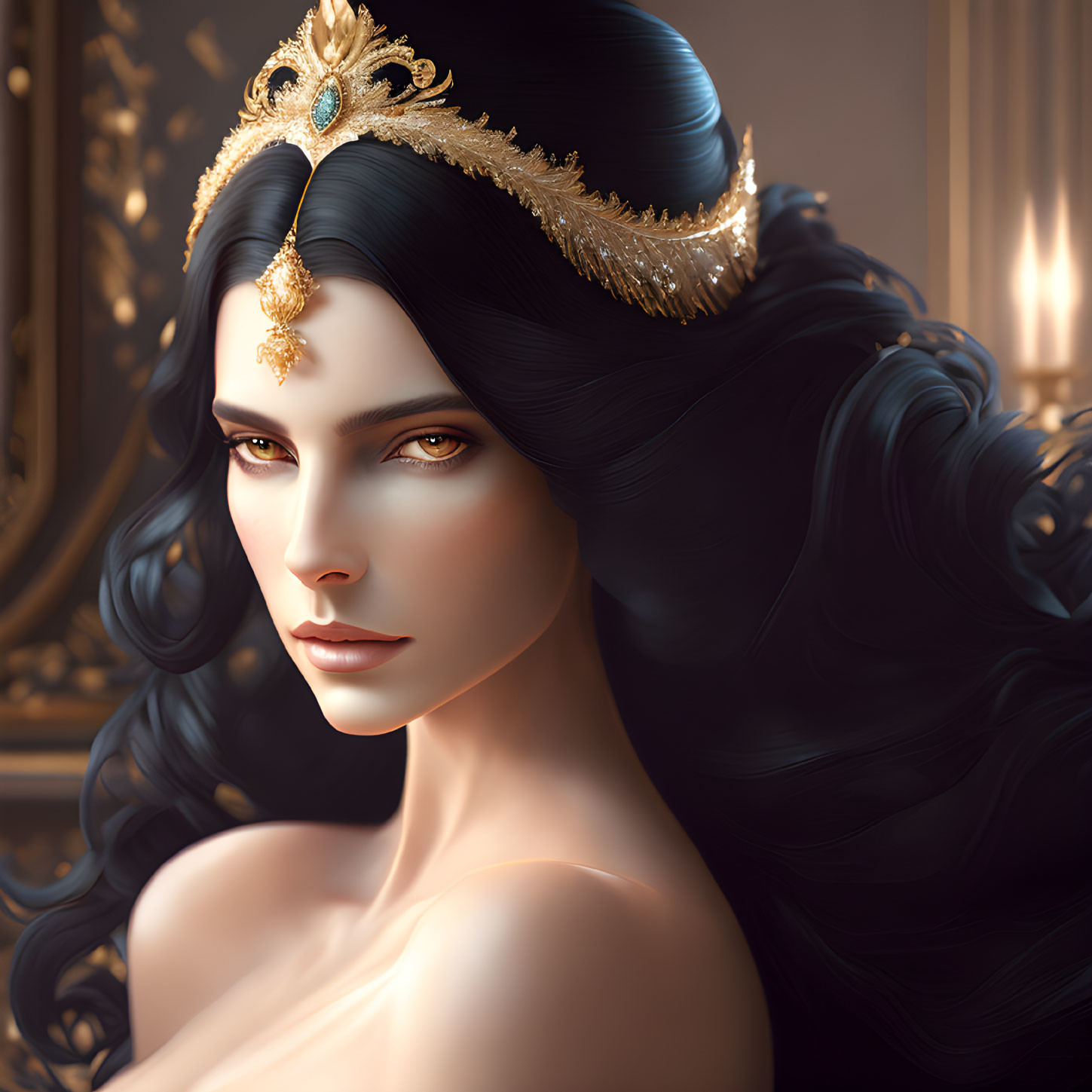 Woman with Voluminous Black Hair and Gold Tiara in Ornate Setting