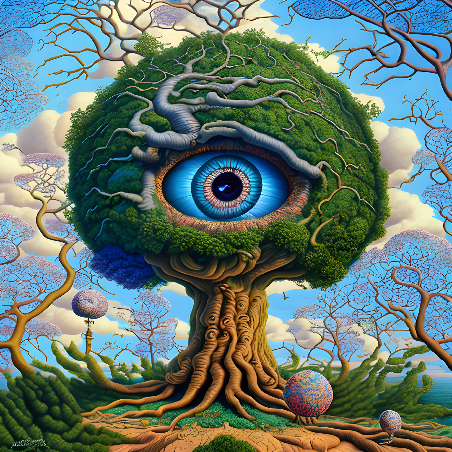 Surreal painting: Tree branches outline human eye with landscape iris, under azure sky.