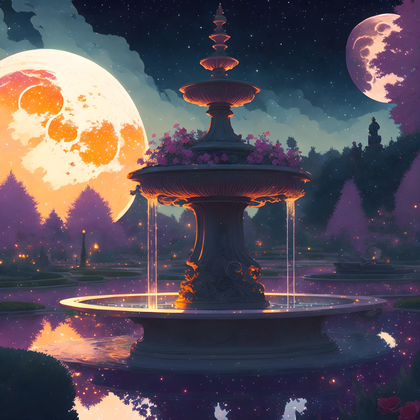 Enchanted night garden with illuminated fountain and oversized moons