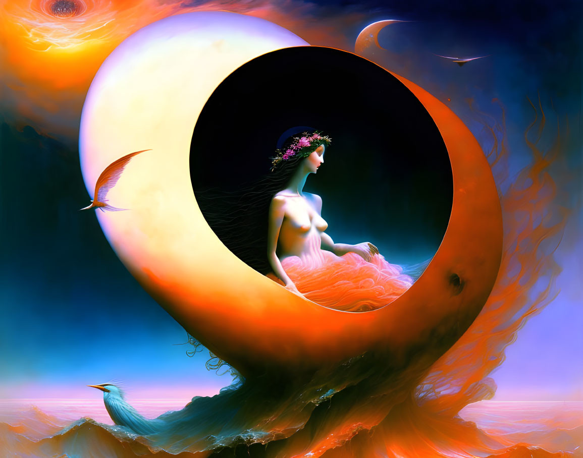 Surreal artwork: Woman in crescent moon, fiery ocean, birds, galaxy