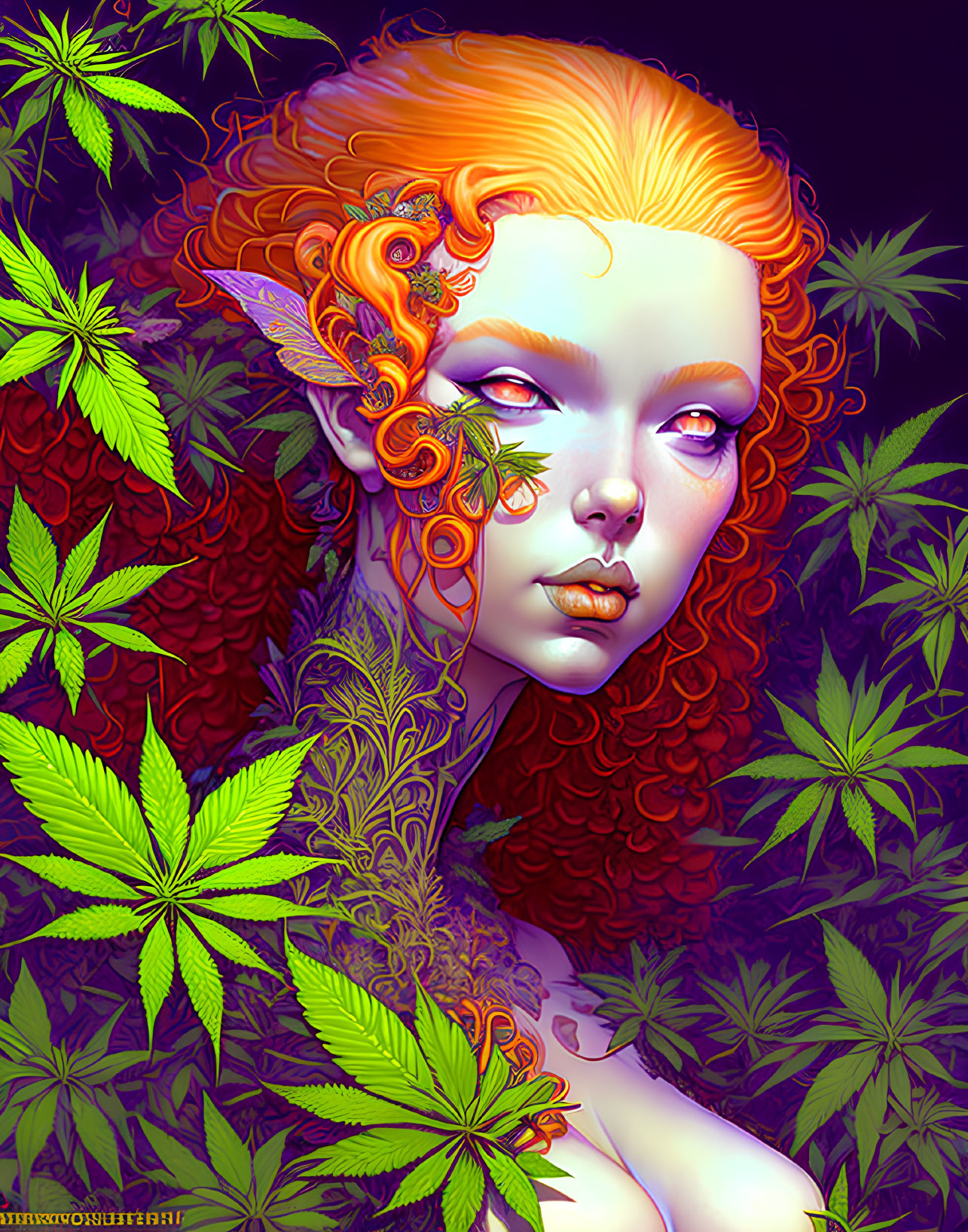 Digital artwork: Woman with orange hair, fantasy elements, red foliage, cannabis leaves on dark background