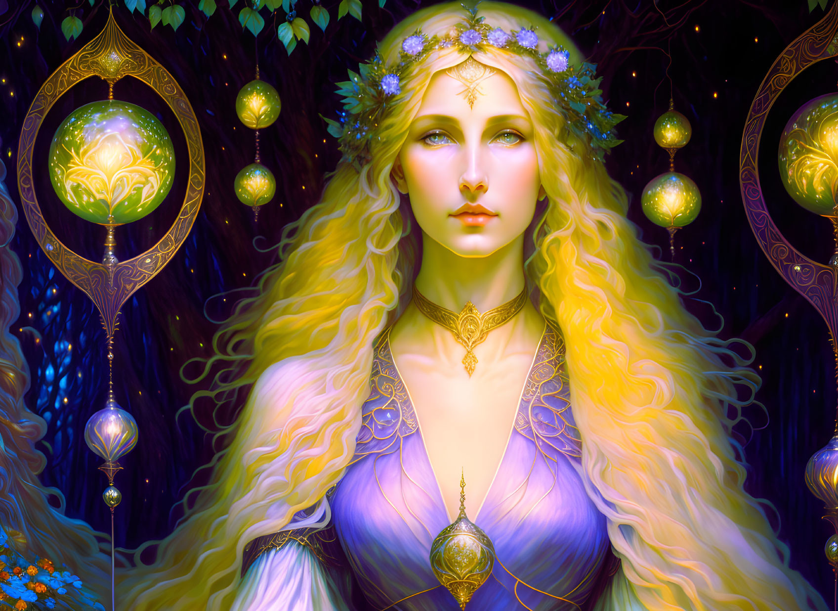 Fantastical illustration of ethereal woman with golden hair and floral crown