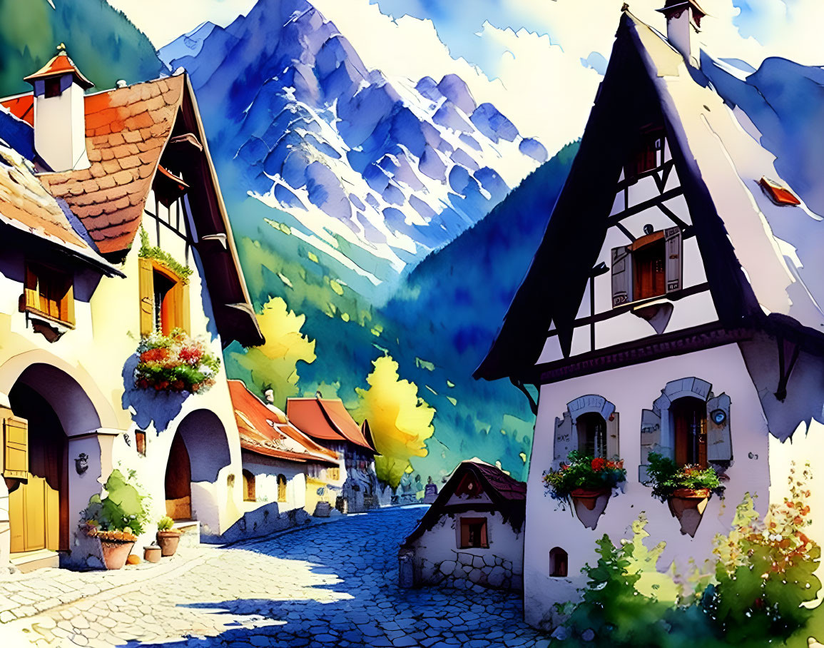 Scenic European village with half-timbered houses and mountains