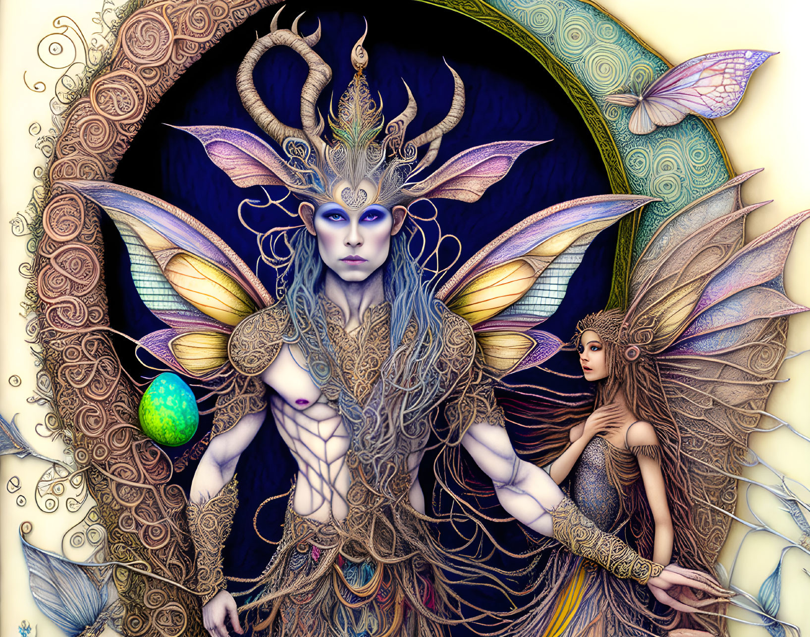 Illustration of two ethereal beings with elaborate wings and ornate attire in intricate setting.