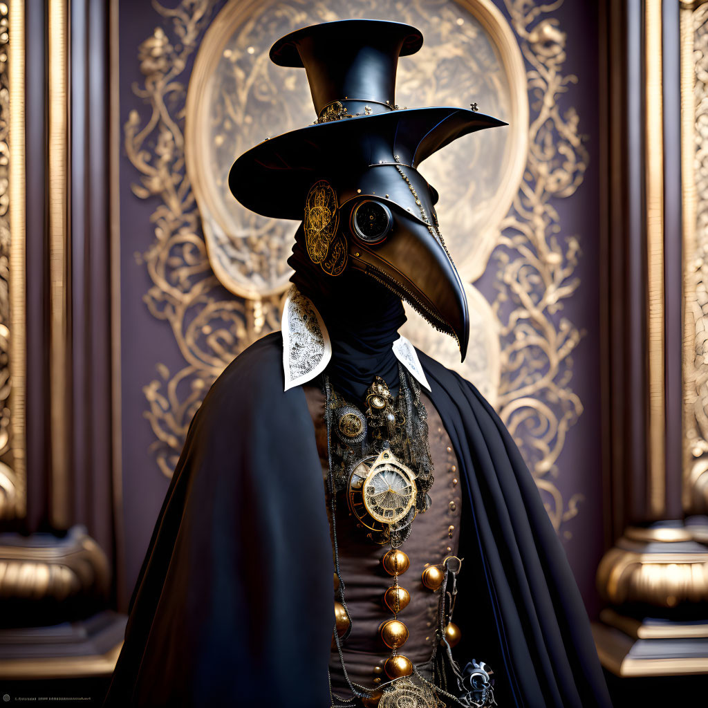 Plague Doctor Costume with Beaked Mask and Top Hat on Baroque Background