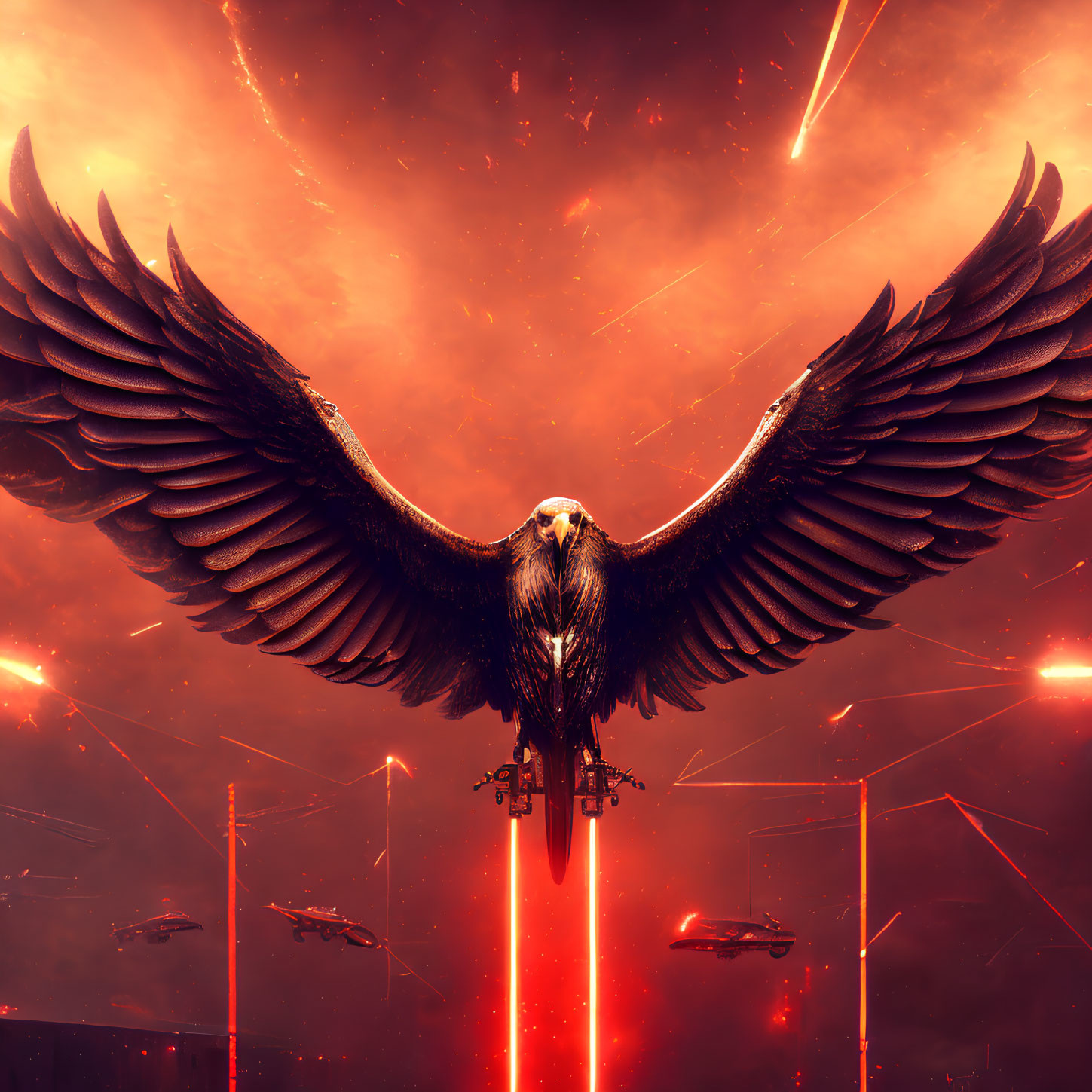 Majestic eagle flying in red sky with meteors and futuristic aircraft